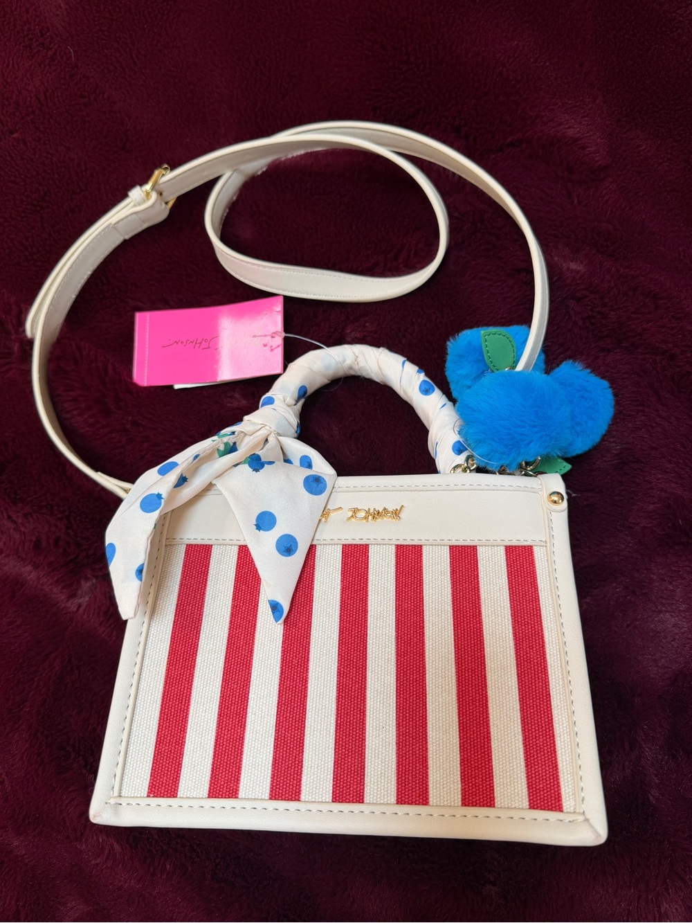 New BETSEY JOHNSON XOLUCY SATCHEL CROSSBODY BAG BLUEBERRY CHARM SCARF RED MULTI
